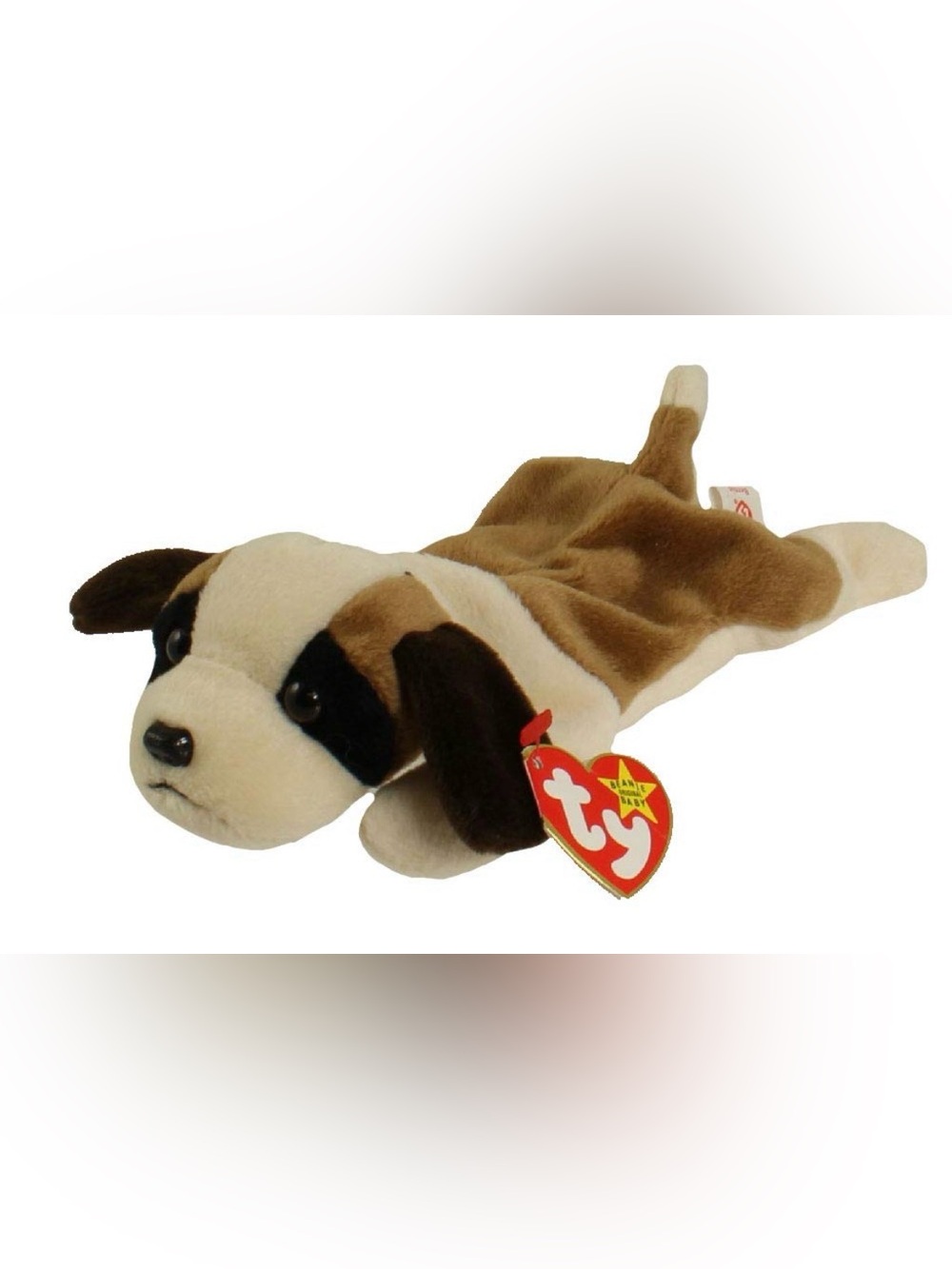 Bernie 1996. Ty Brown, Cream and Black Plush Lying Dog Toy